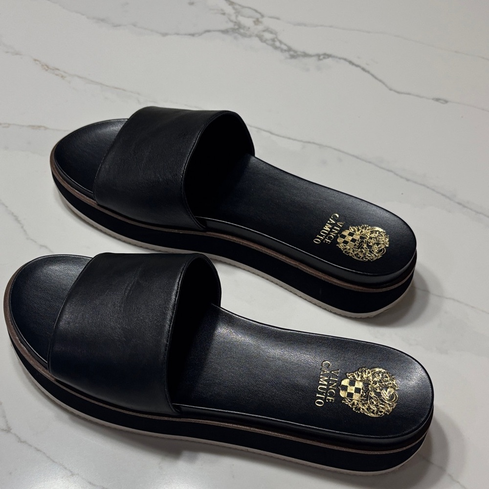 Vince Camuto Black Slide Sandals with Gold Logo - Picture 5 of 8